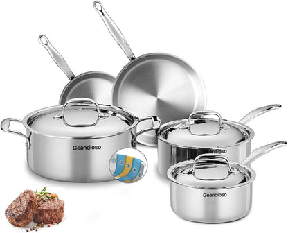 5 Ply Stainless Steel Cookware Set,8-Piece,Professional Kitchen Cooking, Heavy Chef Quality,Pfoa, PTFE & PFOS Free,Induction, Non-Toxic, Oven Safe,Best 18/8 Full Clad1