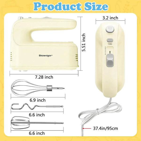 Electric Hand Mixer, 300W Handheld Mixer with 5 Stainless Steel Accessories, 5 Adjustable Speeds + Turbo Boost & Self-Control, One-Button Eject, Food Beater for Cakes, Eggs, Dough (Beige)2
