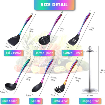 Silicone Cooking Utensils Set, 17Pcs Kitchen Utensil Set with Rotatable Holder, Heat-Resistant Silicone Utensils for Cooking, Non-Stick Spatula Set with Stainless Steel Handle,Turner,Ladle (Rainbow)7