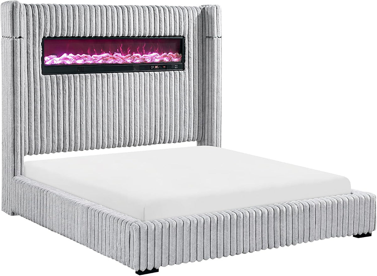 corduroy-upholstered-bed-frame-remote-fireplace-built-in-speaker-wingback-queen-bed-frame-with-headboard-wooden-slats-box-spring-needed-assembly-required-two-tone-gray