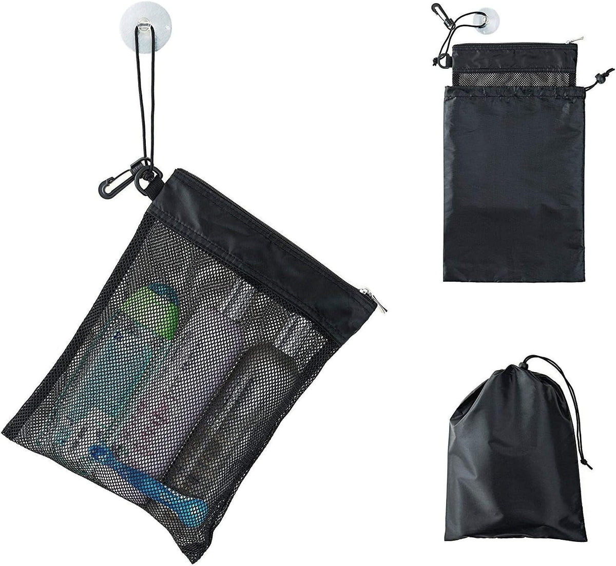 shower-bag-tote-mesh-caddy-toiletry-organizer-12-l-x-9-w-compact-and-lightweight-with-suction-cup-cord-for-hanging-zipper-and-drawstring-pouch-14-l-x-10-w-black