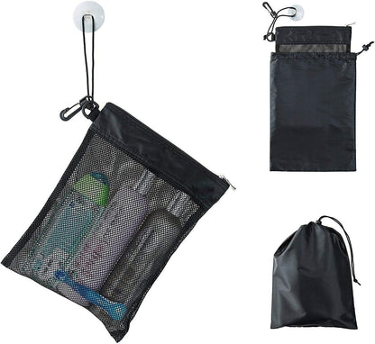 Shower Bag Tote, Mesh Caddy Toiletry Organizer 12”L X 9”W, Compact and Lightweight with Suction Cup, Cord for Hanging, Zipper and Drawstring Pouch 14”L X 10”W, Black1