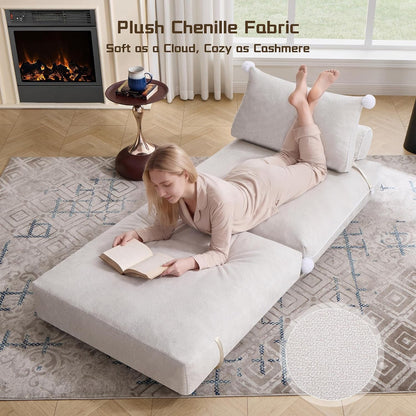 Folding Sofa Bed, Convertible Sleeper Chair with Back Support, Comfy Chenille Fold Out Couch Bed for Adults, No Wall Needed Floor Sofa Bed for Living Room Bedroom Apartment, Beige6