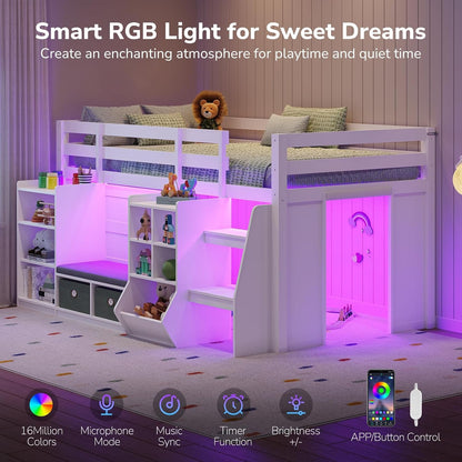 Low Loft Bed Twin Size with LED Lights, Wooden Kids Twin Loft Bed with Storage Bookcase, Toy Box, Reading Nook and Secret Play Space, Modern Loft Bed with Stairs and Safety Guardrails for Boys Girls4