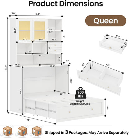Murphy Bed with Large Storage, LED Light, Charging Station (Queen)3