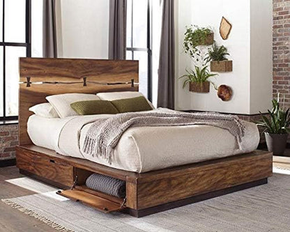 Coaster Home Furnishings – Winslow – Wood – Queen Platform Storage Bed with Tall Headboard, 4 Concealed Compartments, and Bow Tie Inlays – Bedroom – Smokey Walnut and Coffee Bean - 223250SQ6