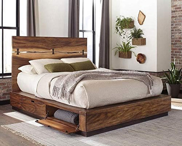 Coaster Home Furnishings – Winslow – Wood – Queen Platform Storage Bed with Tall Headboard, 4 Concealed Compartments, and Bow Tie Inlays – Bedroom – Smokey Walnut and Coffee Bean - 223250SQ6