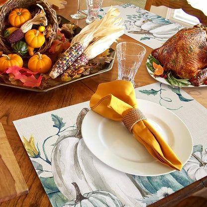 Fall Thanksgiving Placemats Set of 6 Pumpkin Table Mats for Kitchen Dining Table, Farmhouse Heat-Resistant Cotton Linen Place Mats for Indoor Outdoor Parties Holiday Decoration, Teal Grey White3