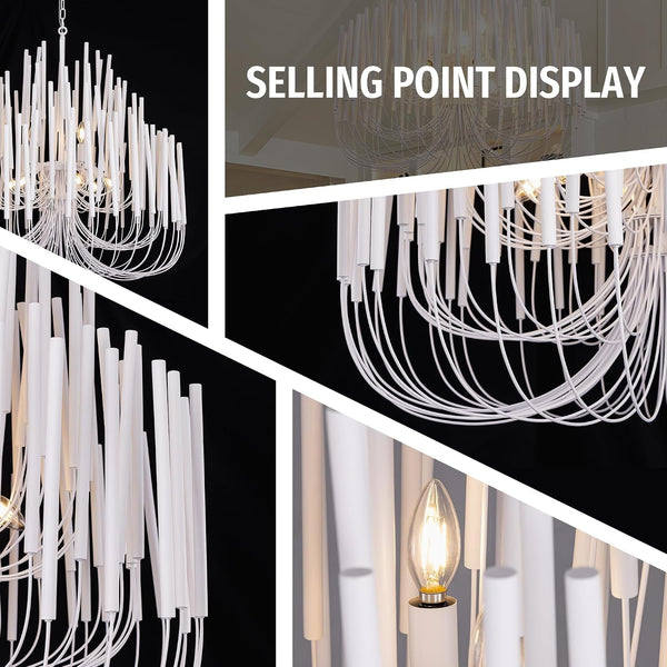 Modern Farmhouse Chandelier for Dining Room 36", Large Vintage White Wood Chandeliers Light for Living Room, Rustic Pendant Lighting Fixture Ceiling Hanging for Foyer Bedroom Entryway5