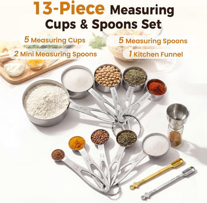 13PCS Stainless Steel Measuring Cups and Spoons Set with Funnel, Stackable Metal Measuring Cup and Spoon Set for Baking Cooking, Dishwasher Safe Kitchen Tools with for Dry & Liquid Ingredients3
