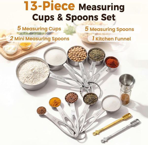 13PCS Stainless Steel Measuring Cups and Spoons Set with Funnel, Stackable Metal Measuring Cup and Spoon Set for Baking Cooking, Dishwasher Safe Kitchen Tools with for Dry & Liquid Ingredients3