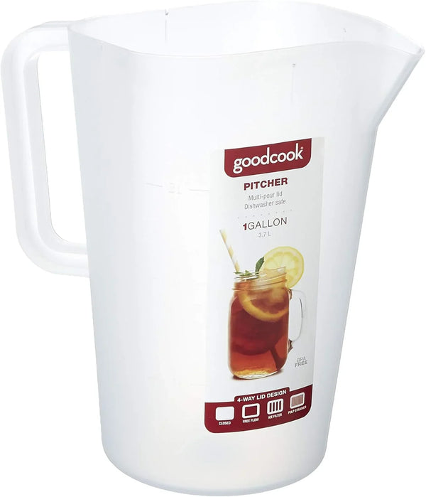 1 Gallon Pitcher with Embossed Measurements, Integrated Pour Spout & 4 Way Lid, Made without BPA, Clear/Red7