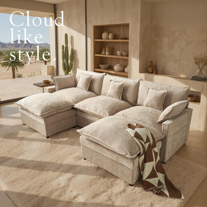 108" U Shaped Modular Sectional Sofa, Deep Seat Cloud Couch with Movable Ottoman, 3-Seater Chenille Comfy Couch for Living Room3