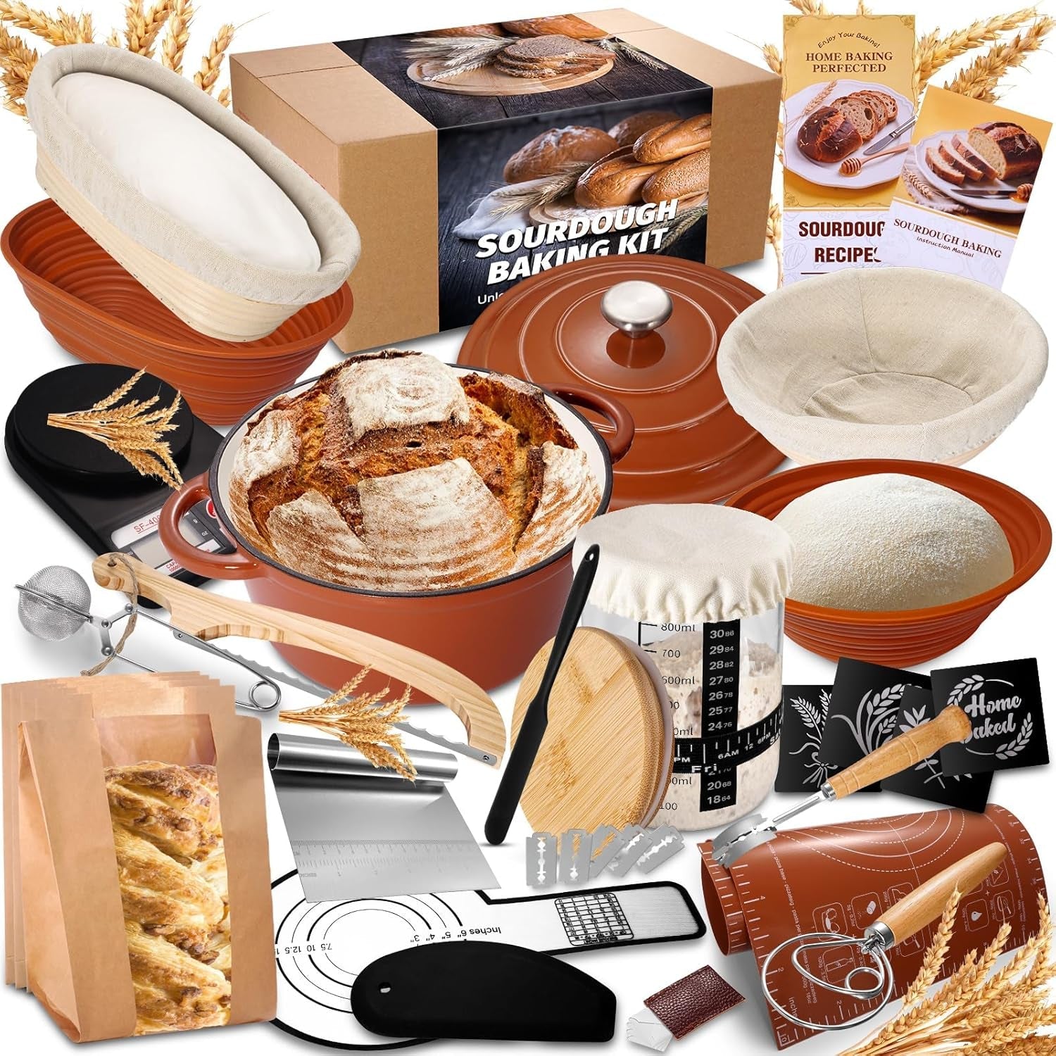 sourdough-starter-kit-with-enamel-cast-iron-pot-complete-sourdough-bread-baking-supplies-round-oval-bread-proofing-basket-with-34-oz-starter-jar-bread-making-tools-kit