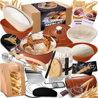 Sourdough Starter Kit with Enamel Cast Iron Pot, Complete Sourdough Bread Baking Supplies, round & Oval Bread Proofing Basket with 34 Oz Starter Jar, Bread Making Tools Kit1