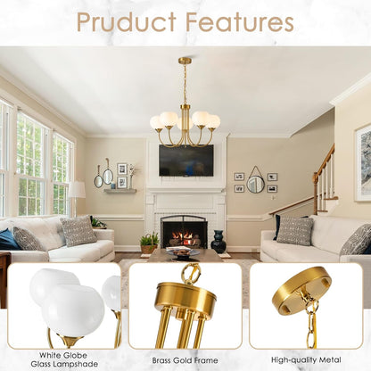 Modern Globe Chandelier 5 Light Mid Century White Milk Glass Vintage Sputnik Hanging Chandeliers Gold Pendant Light Fixtures for Dining Room Kitchen Living Room Bedroom5