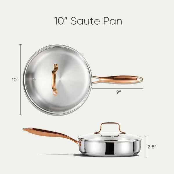 10" Tri-Ply Stainless Steel Deep Frying Pan with Lid, Non-Toxic Saute Pan, Oven Safe, Induction, Ceramic and Gas Cooktops Compatible, Silver2