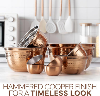 18 Piece Mixing Bowls Set with Airtight Lids, Handcrafted Stainless Steel Bowls, Food Storage Containers, Meal Prep, Nesting Salad Bowls for Cooking, Baking, Kitchen, Copper - Hammered3