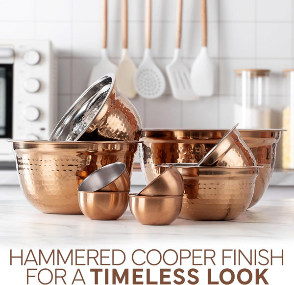 18 Piece Mixing Bowls Set with Airtight Lids, Handcrafted Stainless Steel Bowls, Food Storage Containers, Meal Prep, Nesting Salad Bowls for Cooking, Baking, Kitchen, Copper - Hammered3