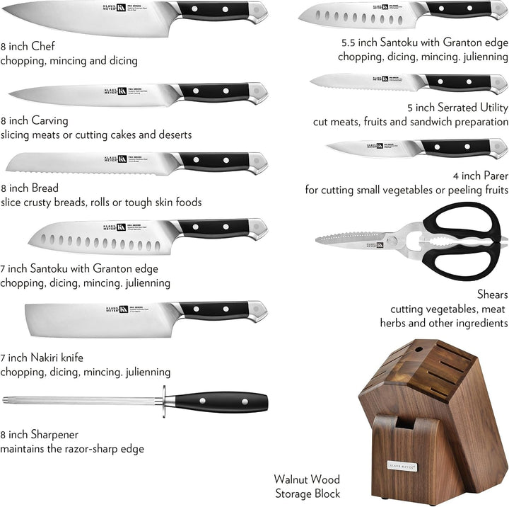 PRO 11-Piece Kitchen Knife Set with Walnut Wood Block | German Steel, R-Slope Bolster, 56±2 HRC, Heavy Endcap, Ergonomic Grip, Rust Resistant, Ideal Gift for Housewarming&Weddings+2