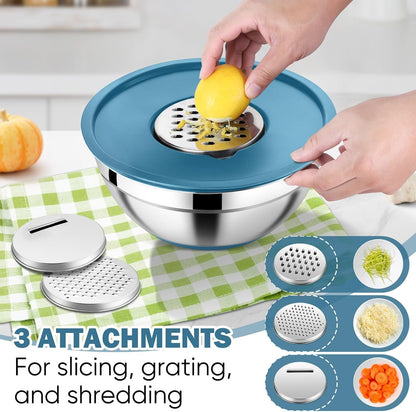 25PCS Mixing Bowls with Lid Set, Stainless Steel Nesting Prep Bowls with Grater Attachments Non-Slip Bottoms for Cooking, Baking, Serving, Food Storage, 4.6/2.6/2/1.5/1/0.7QT - Blue3