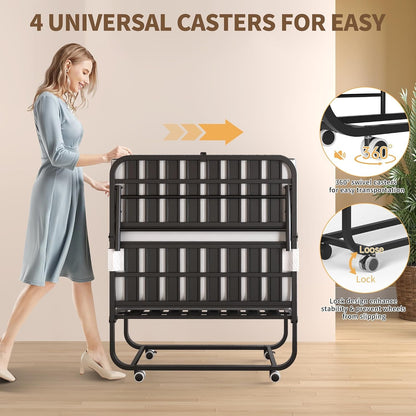 Folding Bed with Mattress for Adults,75" X 38" Portable Rollaway Bed Guest on Wheels with Memory Mattress and Heavy Duty Sturdy Metal Frame,Foldable Bed for Adults and Guest, Twin Size,Cot Size7
