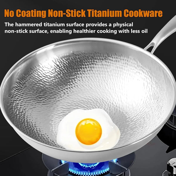 Titanium Wok, Pure Titanium Hammered No Coating Non-Stick Cookware, Frying Pans, Ultra-Durable, Scratch-Resistant, Dishwasher&Oven Safe, Kitchen Induction Compatible,Smooth,12Inch3