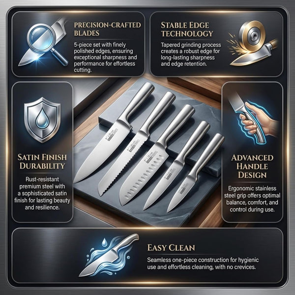 5-Piece Seamless Stainless Steel Knife Set (No Block Included) | Heavy Duty One Piece Design, Full Metal Handle, Professional Kitchen Knives, for Culinary Students, Rv Use, Easy Cleaning7