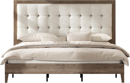 Solid Wood King Bed Frame 50.2" Upholstered Headboard, Ash Gray9