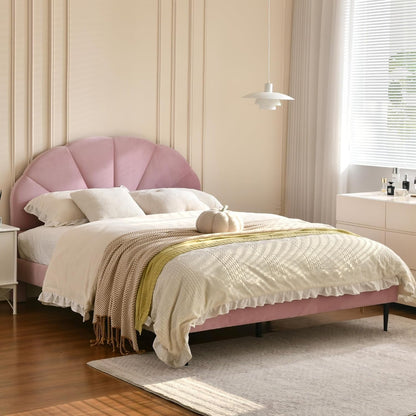 Pink Bed Frame Full Size, Aesthetic Upholstered Bed with Unique Seashell Headboard, Soft Velvet Platform Bed, Strong Wooden Slats Support, No Box Spring Needed, Heavy Duty, Easy to Assemble1