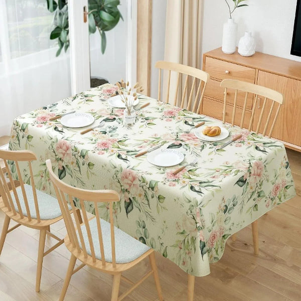 Vintage Floral Tablecloth, Spring Watercolor Vintage Elegant Pink Flower Boho Rectangular Waterproofing Clean Easy Tablecloth for Kitchen Restaurant Outdoor Picnic Party55X75In1