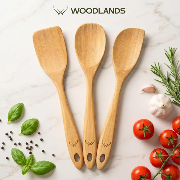 Prime Bamboo Wooden Spoons for Cooking Set of 3 Pcs – Wooden Cooking Utensils with Long Handle, Includes Flat Wood Spoon, Bamboo Spatula, and Slotted Spoon for Kitchen Utensils Set4