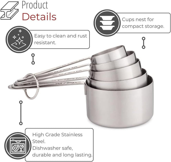 5-Piece Stainless Steel Measuring Cups Set - Heavy Duty Metal Measuring Cups with 1/8 Cup Size - Engraved Imperial & Metric Markings for Dry & Liquid Baking Ingredients, Stackable5