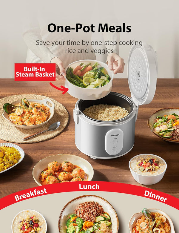 Rice Cooker & Steamer Simple 5.5 Cup(Uncooked) with Steaming Basket, Removable Non-Stick Inner Pot & Inner Lid, for Soups, Stews, Grains&Oatmeal, One Touch&Keep Warm Function, Silvery White4