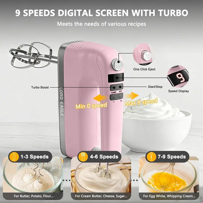 9-Speed Digital Hand Mixer Electric Handheld, 500W DC Motor | Kitchen Mixer for Cake Baking, Lightweight Egg Beaters with Stain-Resistant & Waterproof Storage Bag & 6 Accessories, Pink2