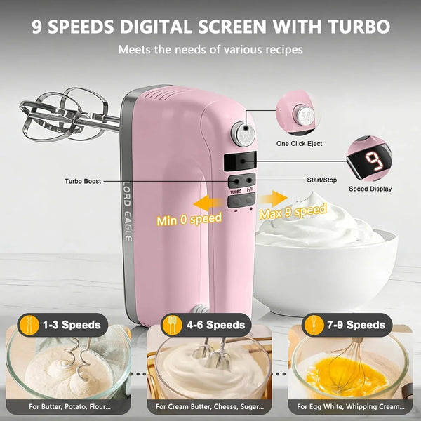 9-Speed Digital Hand Mixer Electric Handheld, 500W DC Motor | Kitchen Mixer for Cake Baking, Lightweight Egg Beaters with Stain-Resistant & Waterproof Storage Bag & 6 Accessories, Pink2