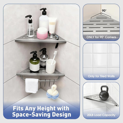 Shower Corner Shelf, 10'' Corner Shower Shelf with Towel Bar & Hooks, 2-Pack 304 Stainless Steel Recessed Bathroom Shelves, Grout in Bathroom Shower Shelf for Tiled Wall,(Brushed Nickel)8