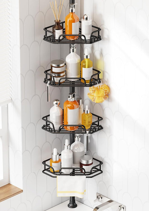 Corner Shower Caddy Tension Pole, Large Capacity Organizer, Black1