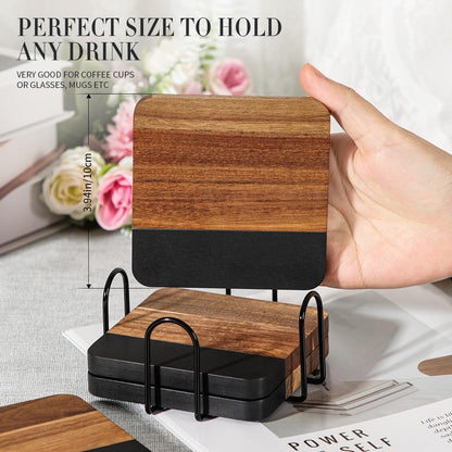 Black Marble Wood Coasters with Holder for Drinks Set of 4, Square Non-Slip Wooden Stone Coaster Coffee Table Accessories Manly Coaster for Men Coffee Table, Bar, Office - Rustic Modern2