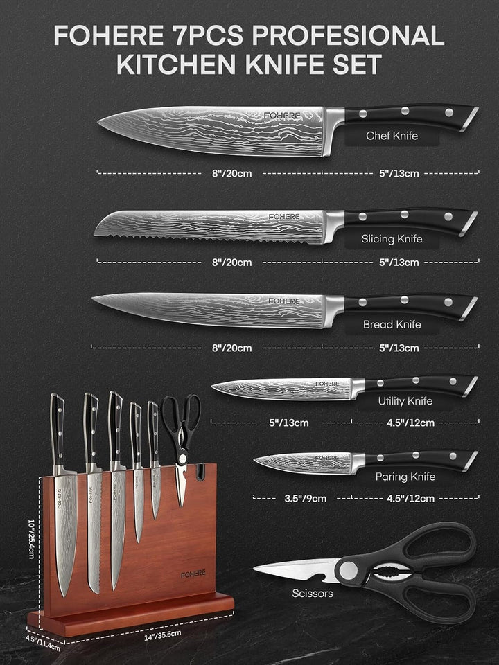 Kitchen Knife Set,  Knives Set with Magnetic Knife Holder and Sharpener, 7 Pieces Sharp Chef Knife Set with Ergonomic Handle, High Carbon Stainless Steel Knives Set for Kitchen+2