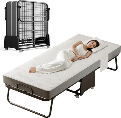 Deluxe Folding Bed with Mattress with 5-Inch Memory Foam Mattress on Rollers for Easy Storage with Metal Frame and Bed Side Pockets (75"×31")1