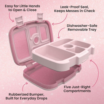 Bentgo Kids Bento-Style 5-Compartment Leak-Proof Lunch Box - Just-Right Portions Ages 3-7, Durable, Drop-Proof, Dishwasher Safe, PFAS & Bpa-Free & Made with Food-Safe Materials (Petal Pink Glitter)5