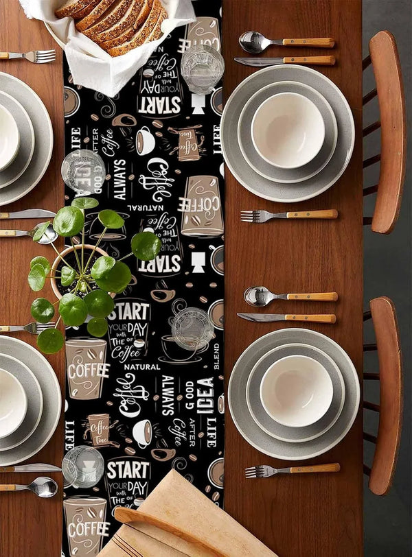 Coffee Theme Table Runner - 72 Inch Long Farmhouse Retro Black Cotton and Linen Blended Dress Scarves Table Runner for Kitchen Dining, Coffee Table, 13" X 722