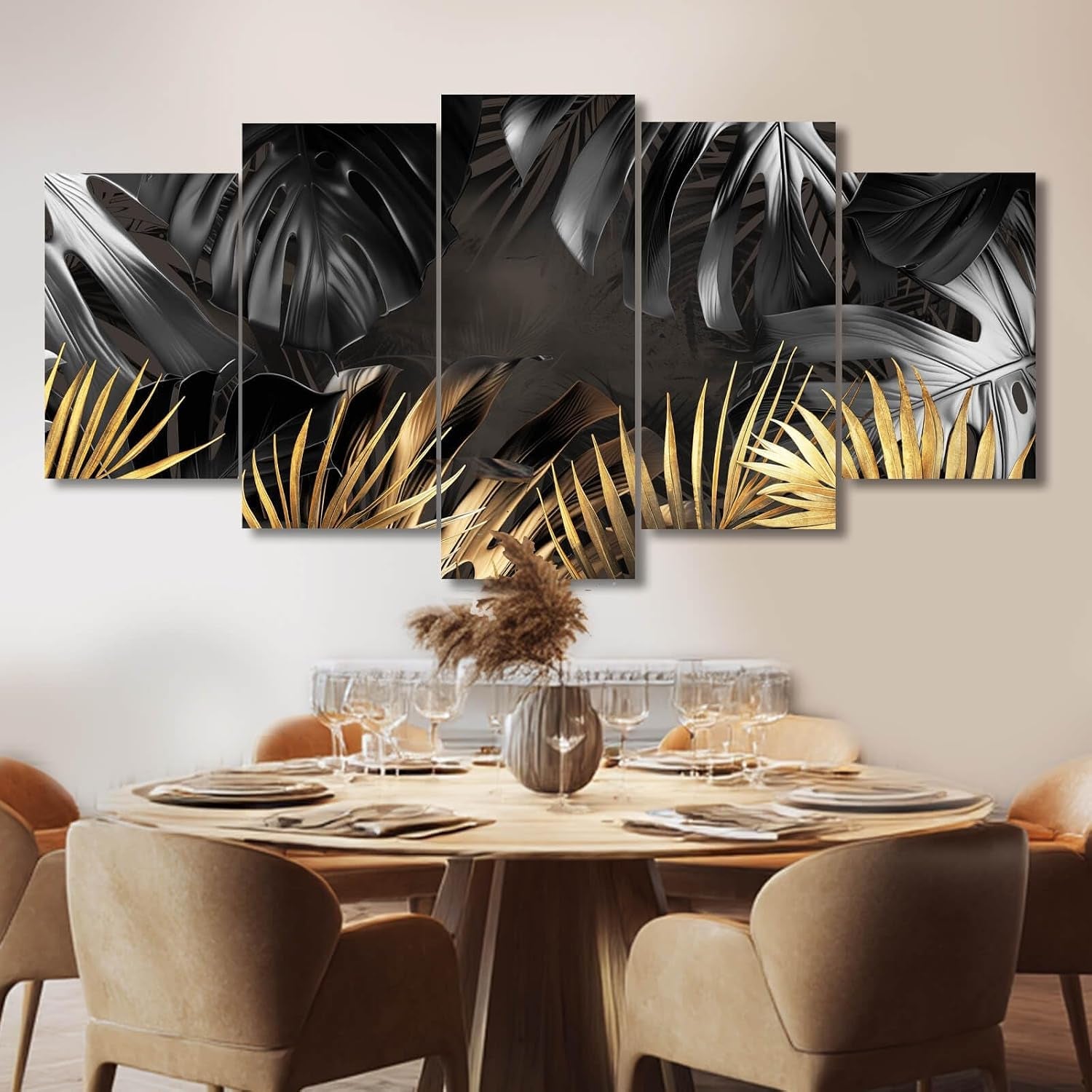 black-and-gold-leaves-painting-wall-decor-for-living-room-nature-canvas-art-modern-artwork-framed-prints-for-home-bedroom-picture-poster-5-pieces-ready-to-hang-12x20x2pcs-12x28x2pcs-12x32