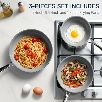 Ceramic Nonstick Frying Pans Set, 3 Piece Skillets (8"+9.5"+11") | Pfas-Free Nonstick; Induction Ready, All Stoves Compatible; Cooking Pan with Stay Cool Handle; Dishwasher &Oven Safe to 536°F7