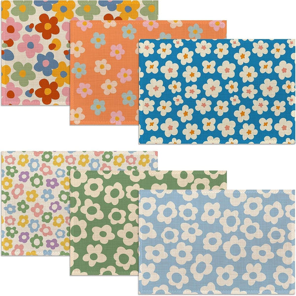Vintage Groovy Flowers Placemats Set of 6, 12X18 Inch Waterproof Stain Resistant Linen Table Placemats Summer Seasonal Farmhouse Kitchen Party Decor Home Decor1