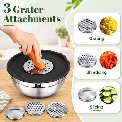 8PCS Mixing Bowls with Lids Set - 5 Nesting Mixing Bowls, 3 Grater Attachments, Lids, Stainless Steel Mixing Bowls for Mixing & Serving, Size 1.5/2.1/3.5/4/4.5 QT, Black4