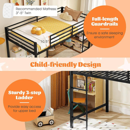 Low Loft Bed Twin Size, Heavy Duty Metal Frame W/Storage Shelves, Ladder & Full-Length Guardrails, Ample Under-Bed Space, Kids Loft Bed with Stairs for Boys Girls Junior, No Box Spring Needed7