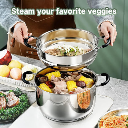 Stainless Steel Kitchen Cookware Set,11 Piece Pots and Pans Set with Steamer,Heat-Resistant Handle,Non-Toxic,Induction,Oven,Dishwasher Safe5
