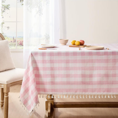 Pink Gingham Tablecloth Rectangle, Outdoor Linen Cotton Checkered Table Cloth with Tassel, Heavy Duty Wrinkle Free Buffalo Plaid Table Cover for Kitchen Dining Home Party - 55 X 84 Inch1